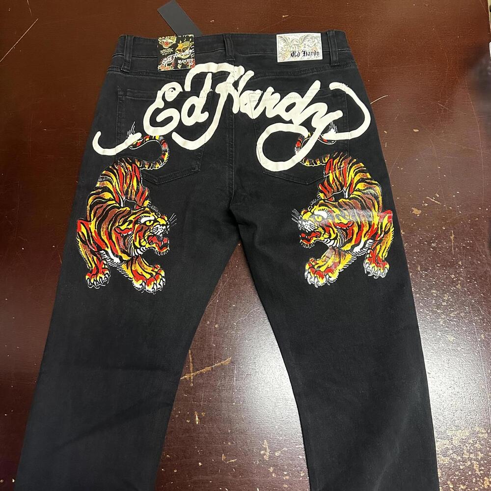 Ed Hardy Mens Black Tattoo 5 Pocket Design Distressed Denim Slim Tapered Jeans